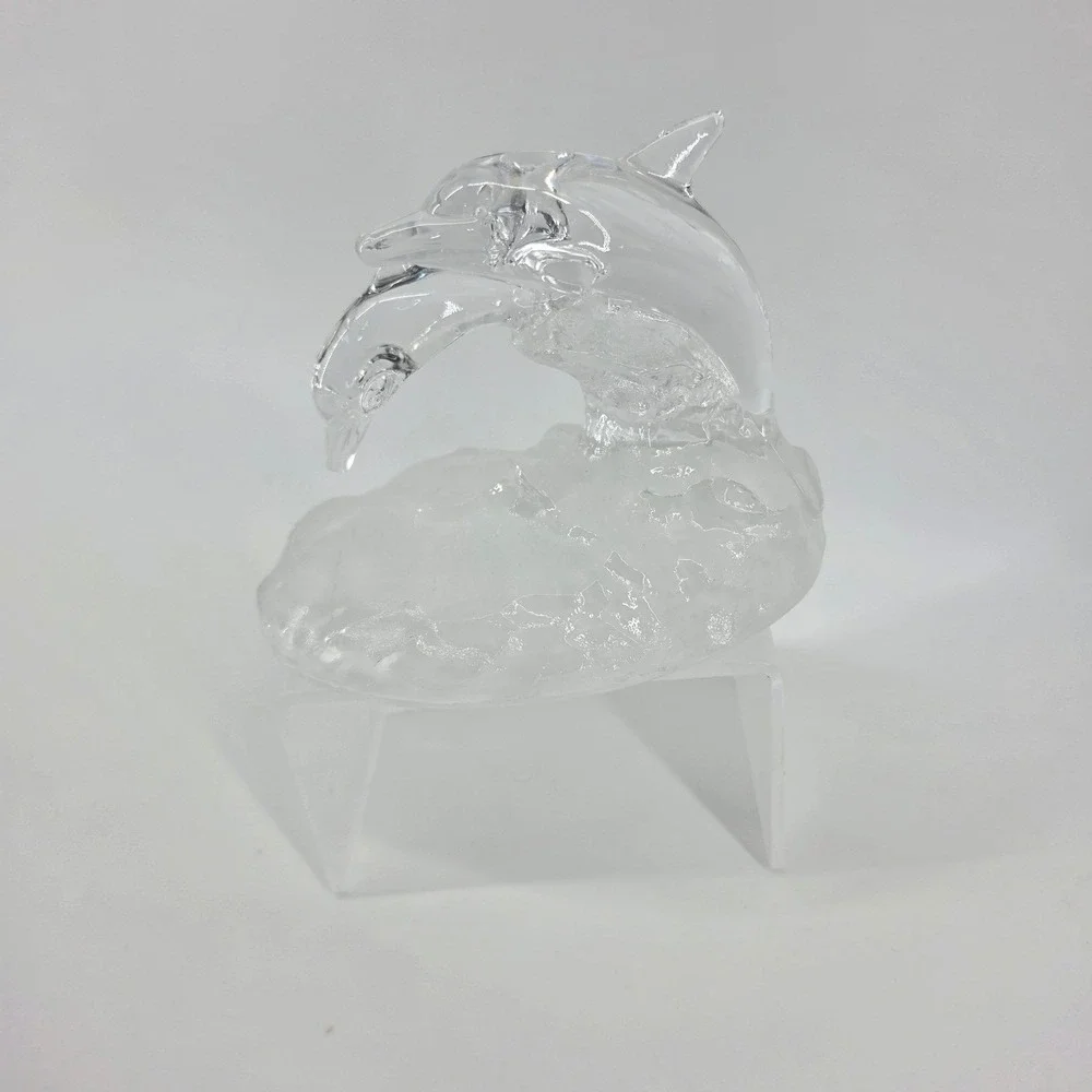 Clear Frosted Glass Double Dolphin Figurine Leaping Ocean Wave Coastal Decor